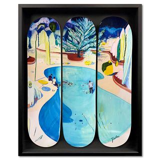 Jules de Balincourt, "New Arrivals" Framed Limited Edition Skateboard Triptych, Numbered and Hand Signed with Letter of Authenticity.