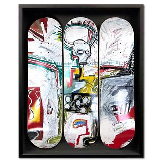 Jean-Michel Basquiat (1960-1988), "Rotterdam (1982)" Framed Skateboard Triptych, Plate Signed with Letter of Authenticity.