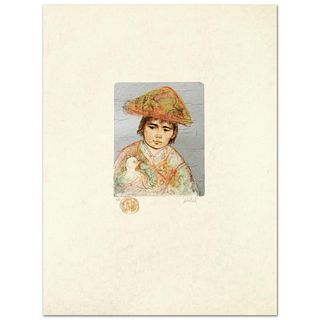 Boy with Chicken Limited Edition Lithograph by Edna Hibel (1917-2014), Numbered and Hand Signed with Certificate of Authenticity.