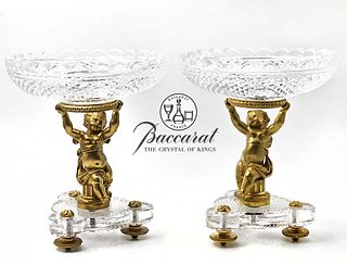 Pair Of 19th C. French Gilt Baccarat Figural Bronze With Baccarat Crystal Taza \ Centerpiece