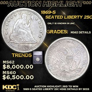 ***Auction Highlight*** 1869-s Seated Liberty Quarter 25c Graded ms62 details BY SEGS (fc)