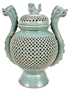 Korean Celadon Double Wall Lidded Dragon Vase