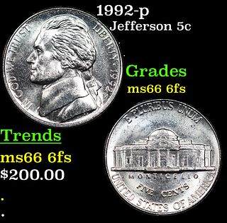 1992-p Jefferson Nickel 5c Grades GEM+ 6fs