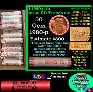 THIS AUCTION ONLY! BU Shotgun Lincoln 1c roll, 1980-p 50 pcs Plus one bonus random date BU roll! Federal Reserve Bank Wrapper 50c