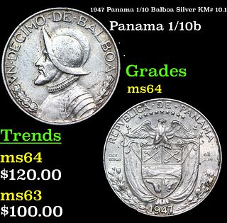 1947 Panama 1/10 Balboa Silver KM# 10.1 Grades Choice Unc