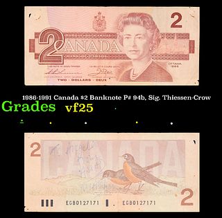  1986-1991 Canada $2 Banknote P# 94b, Sig. Thiessen-Crow Grades vf+