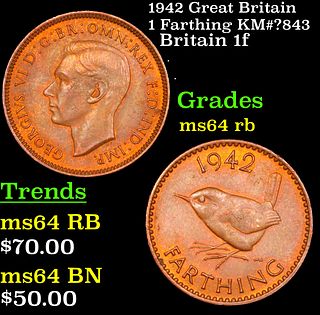 1942 Great Britain 1 Farthing KM#?843 Grades Choice Unc RB