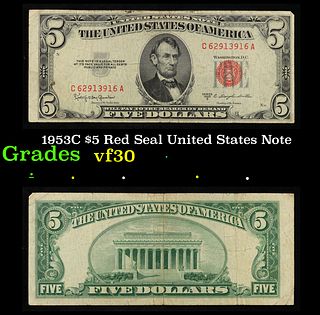 1953C $5 Red Seal United States Note Grades vf++