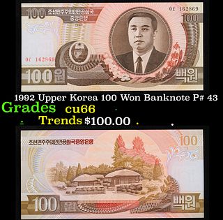 1992 Upper Korea 100 Won Banknote P# 43 Grades Gem+ CU