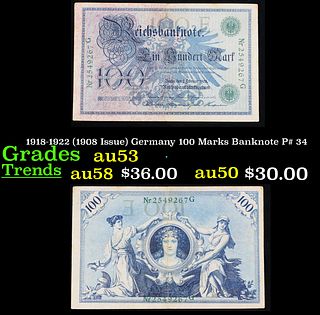1918-1922 (1908 Issue) Germany 100 Marks Banknote P# 34 Grades Select AU