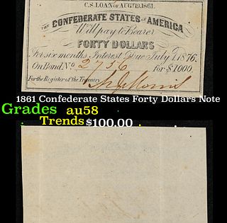 1861 Confederate States Forty Dollars Note Grades Choice AU/BU Slider