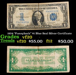 1934 "Funnyback" $1 Blue Seal Silver Certificate Grades vf, very fine