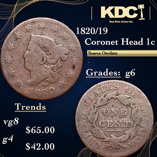 1820/19 Coronet Head Large Cent 1c Grades g+