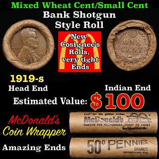 Small Cent 1c Mixed Roll Orig Brandt McDonalds Wrapper, 1919-d Wheat end,  Indian other end