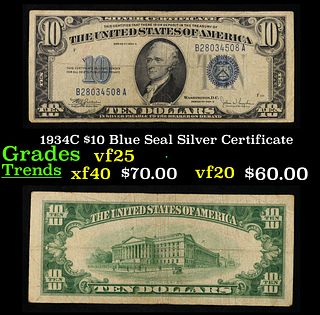 1934C $10 Blue Seal Silver Certificate Grades vf+