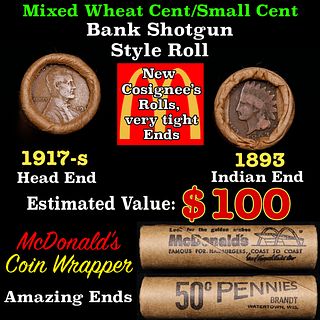 Small Cent Mixed Roll Orig Brandt McDonalds Wrapper, 1917-s Lincoln Wheat end, 1893 Indian other end, 50c