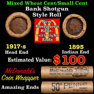 Small Cent Mixed Roll Orig Brandt McDonalds Wrapper, 1917-s Lincoln Wheat end, 1895 Indian other end, 50c