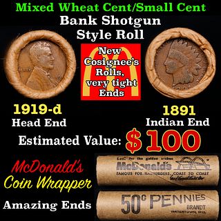 Small Cent Mixed Roll Orig Brandt McDonalds Wrapper, 1919-d Lincoln Wheat end, 1891 Indian other end, 50c