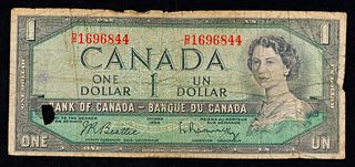 1961-1972 (1954 Modified Hair Issue) Canada 1 Dollar Banknote P# 75b, Sig. Beattie & Rasminsky vf details