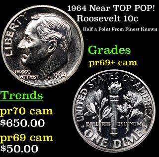 Proof 1964 Roosevelt Dime Near TOP POP! 10c Graded pr69+ cam BY SEGS