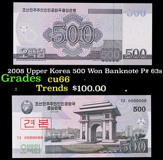 2008 Upper Korea 500 Won Banknote P# 63s Grades Gem+ CU