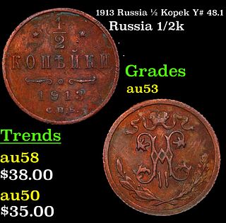 1913 Russia 1/2 Kopek Y# 48.1 Grades Select AU