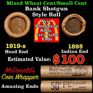 Small Cent Mixed Roll Orig Brandt McDonalds Wrapper, 1919-s Lincoln Wheat end, 1895 Indian other end, 50c
