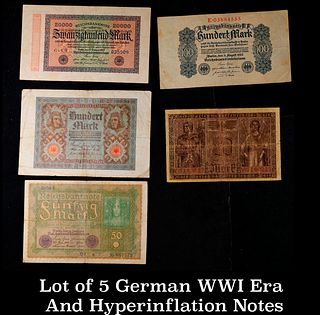 Lot of 5 German WWI Era And Hyperinflation Notes Grades