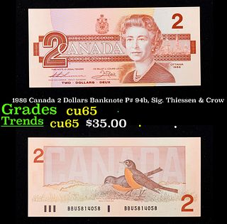1986 Canada 2 Dollars Banknote P# 94b, Sig. Thiessen & Crow Grades Gem CU