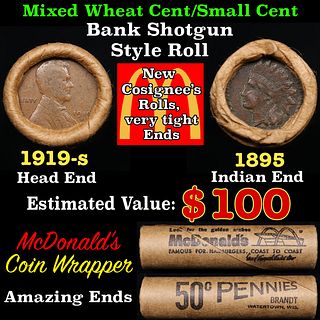 Small Cent 1c Mixed Roll Orig Brandt McDonalds Wrapper, 1919-s Wheat end, 1895 Indian other end