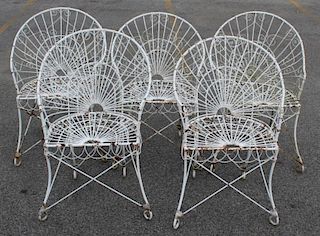 5 Antique White Painted Iron Chairs.