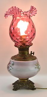 ANTIQUE FENTON CRANBERRY & FLORAL GLASS LAMP