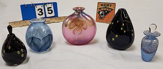 Tray 3 Art Glass Vases 6" + 4 1/2" + 2 Perfume Bottles 5"- All But 1 Sgnd