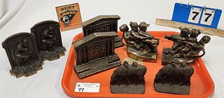 Tray 4 Pc Vintage Metal Book Ends Bronze Thinker, Cast Iron Horse, PM Craftsman Brass Tug Of War + White Metal Classical Façade