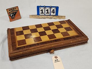 Carved + Inlaid Rosewood Birdseye Maple + Mahog Chess Board + Men 2 1/2"H X 18 1/2"W X 9"D Closed- 18 1/2" Sq Open