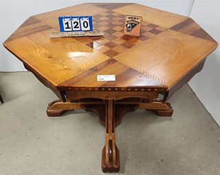 Folk Art Octagonal Maple Maple + Walnut 4 Drawer Game Table W/ Inlaid Checkerboard Top 30"H X 43 1/2"Diam