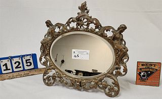 19th C Cast Iron Framed Bevelled Dresser Mirror 14 1/4"H X 14 1/2"W