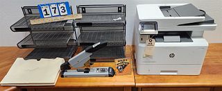 HP Laser Desk Pro MFP M 428FDW Printer IBH Max Shredder, Swingline Heavy Duty Stapler + 2-3 Tier Paper Racks
