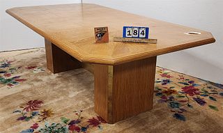 Mid Century Double Ped Oak Table W/ Brass Trim Designed By Jean Claude Mahey 29"H X 47"W X 86"L
