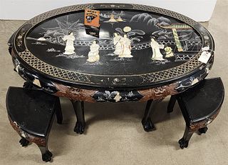 Asian Lacquer Table W/ MOP Inlay 20 1/2"H X 4'W X 30"D W/ 4 Stools