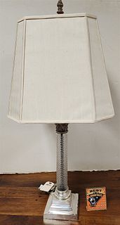 Cut Glass Column Table Lamp W/ Silverplate Capitol + Base 35"