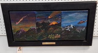 Framed Triptych O/C "Why Do Aliens Always Crash In The Middle Of Nowhere?" Sgnd Charlie B. Wessler 10" X 24"