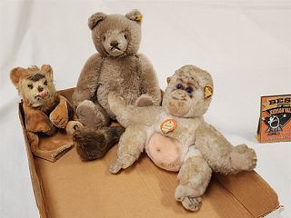 Lot 3 Steiff- Jointed Bear 12", Monkey 10" + Lion Puppet