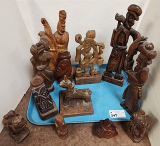 Tray 11 Carved Wooden Figures 16 1/2"-4"