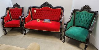 C1915 3 Pc Carved Mahog Parlor Set Sofa 44"H X 54"W X 21"D, + Pr Armchairs 
