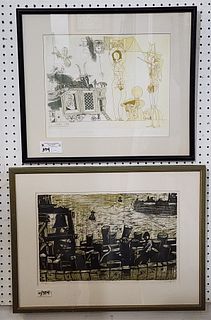 Lot 2 Framed Items- Etching "Serenade" Pencil Sgnd Wurtz 1980 94/100 12 3/4" X 15 3/4" + "The Ship" Litho Pencil Sgnd AP 1/20 12 1/4" X 18 1/2"