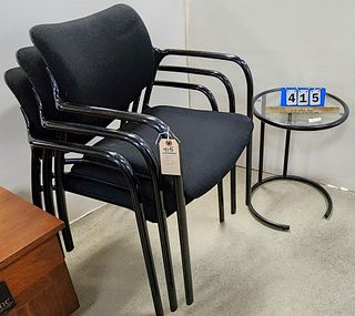 Lot 3 Tube Frame Herman Miller Type 1 Stacking Armchairs W/ Tub Frame Glass Top Stand 21"H X 16 1/2" Diam