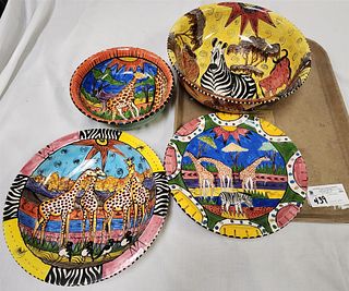 Tray Hand Ptd Ceramic Plate And Bowls From Zimbabwe For Penzo Artist Sgnd