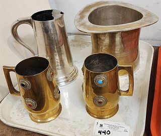 Tray- Pr Brass Gem Mounted Mugs, Silverplate Pitcher "The Yearling" Pitcher And Top Hat Ice Bucket 