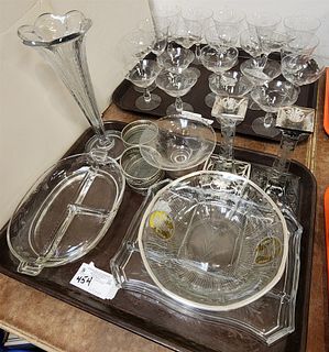 Lot 2 Trays Etched Stemware, Bowls, Serving Trays, Candlesticks Etc